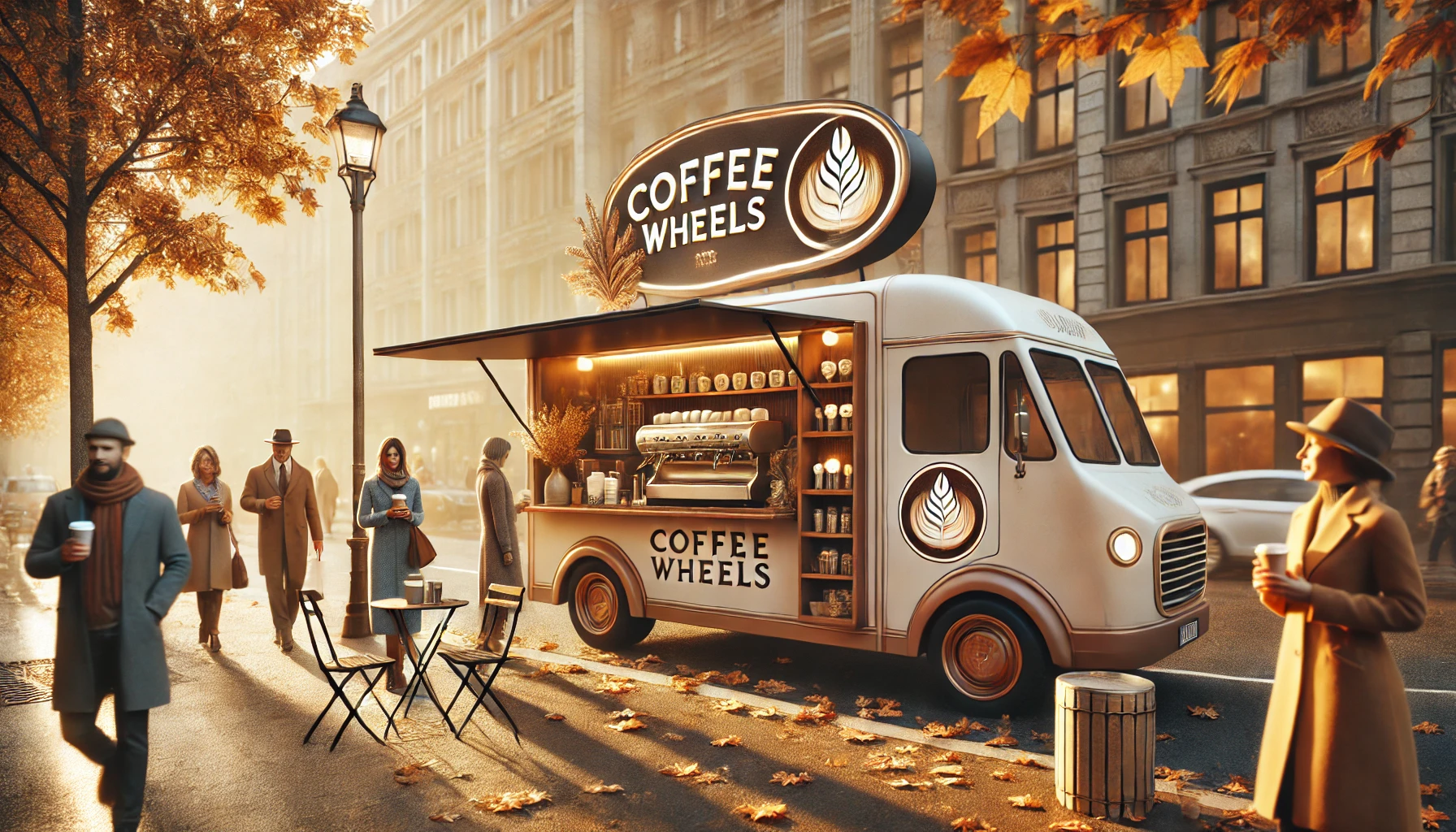 DALL·E 2025-01-09 20.04.02 - A creative scene of a mobile coffee truck called 'Coffee Wheels' parked on a busy city street during a crisp morning. The truck is sleek, with a soft